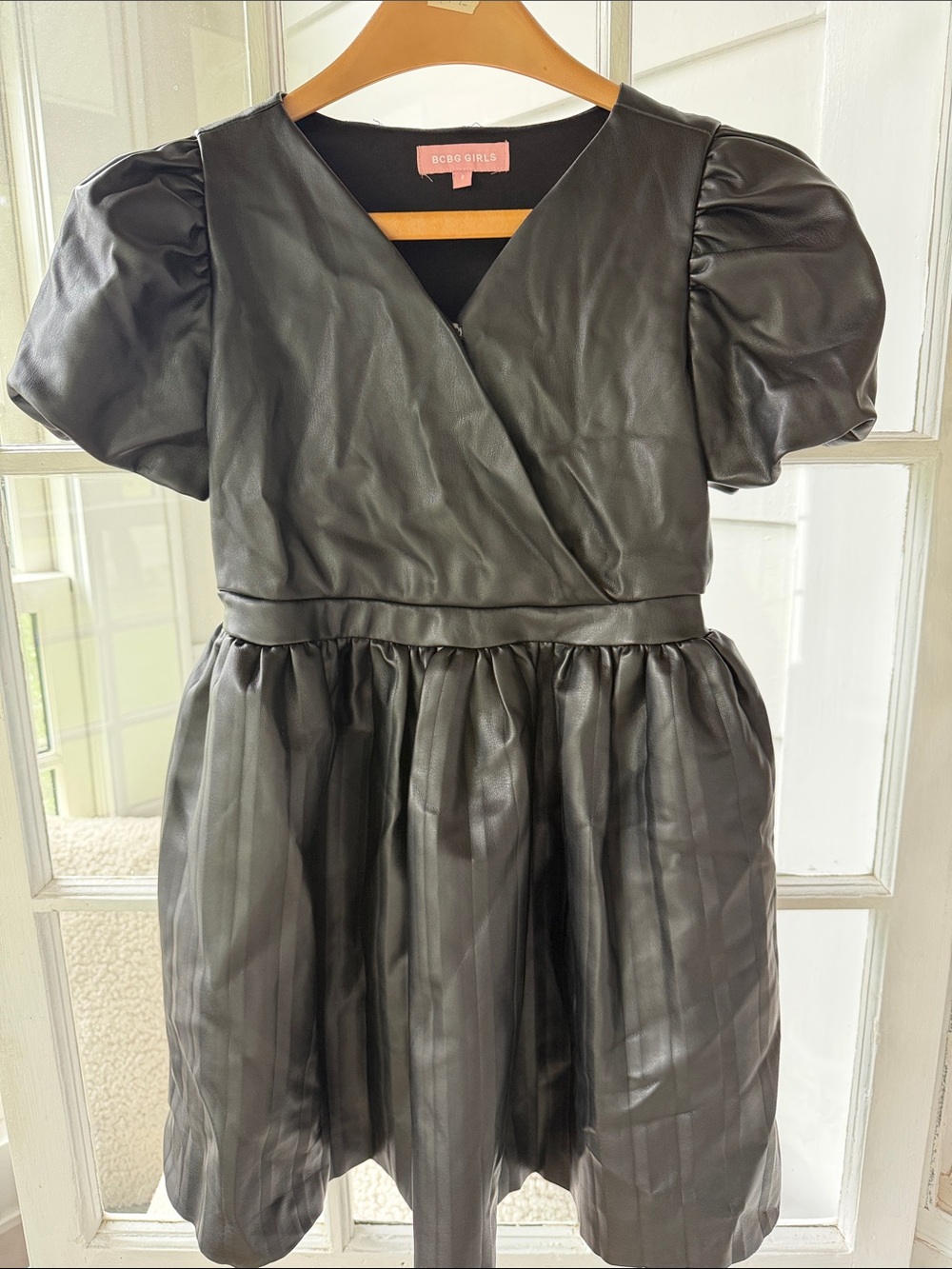 Girls Black leather dress with puff sleeves size 8